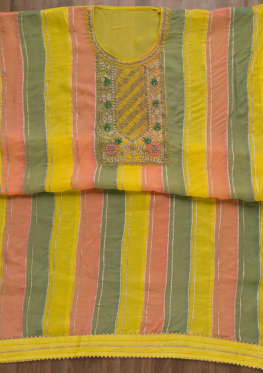 Yellow Stonework Georgette Unstitched Salwar Suit-Koskii