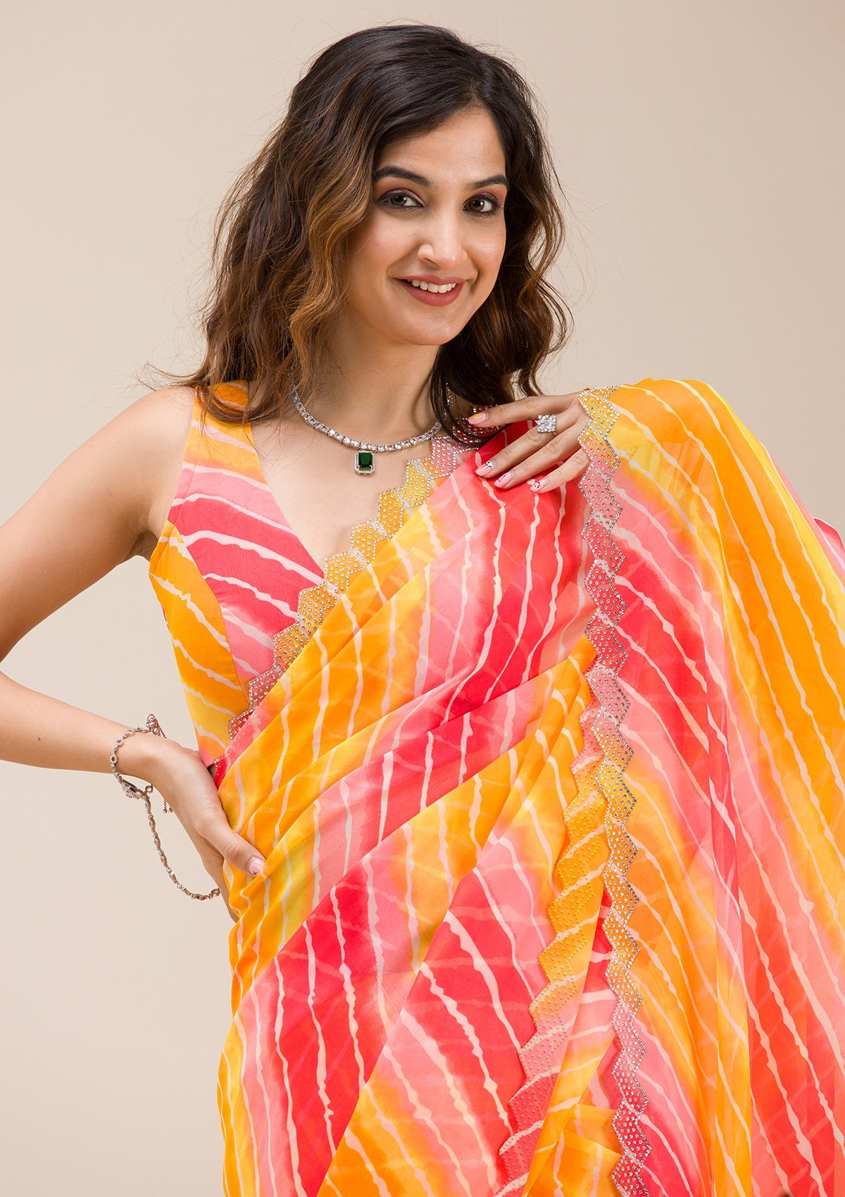 Yellow Stonework Georgette Saree-Koskii