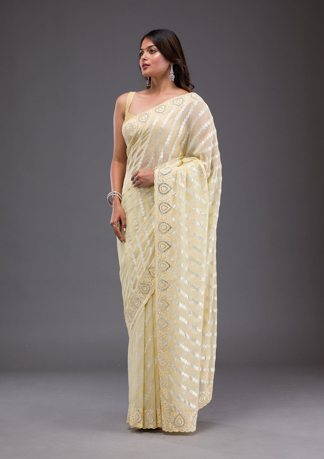 Cream Sequins Georgette Designer Saree-Koskii