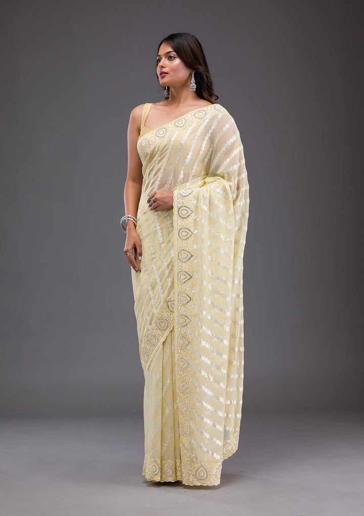 Cream Sequins Georgette Designer Saree-Koskii