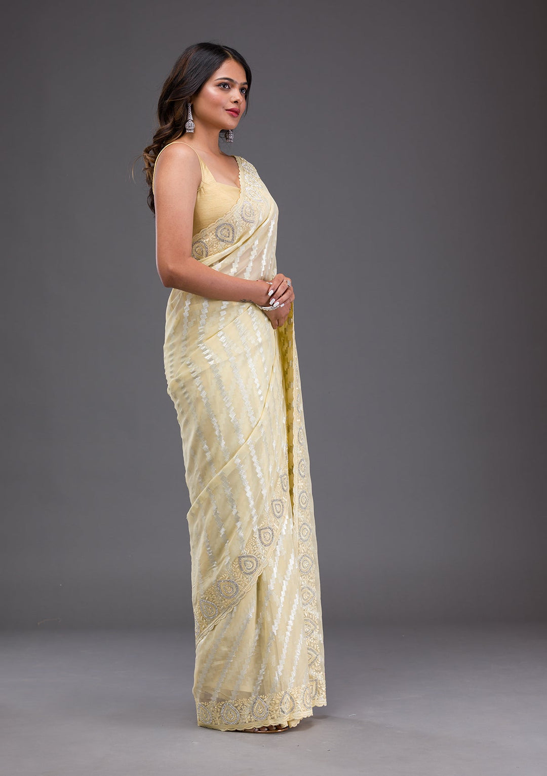 Cream Sequins Georgette Designer Saree-Koskii