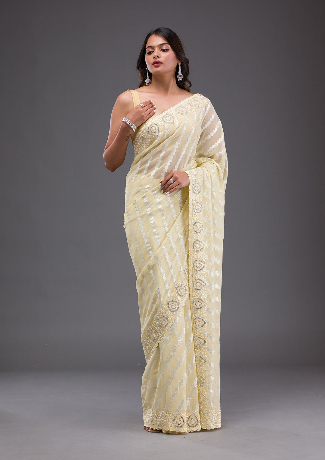 Cream Sequins Georgette Designer Saree-Koskii