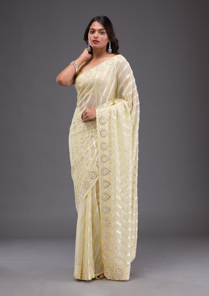 Cream Sequins Georgette Designer Saree-Koskii