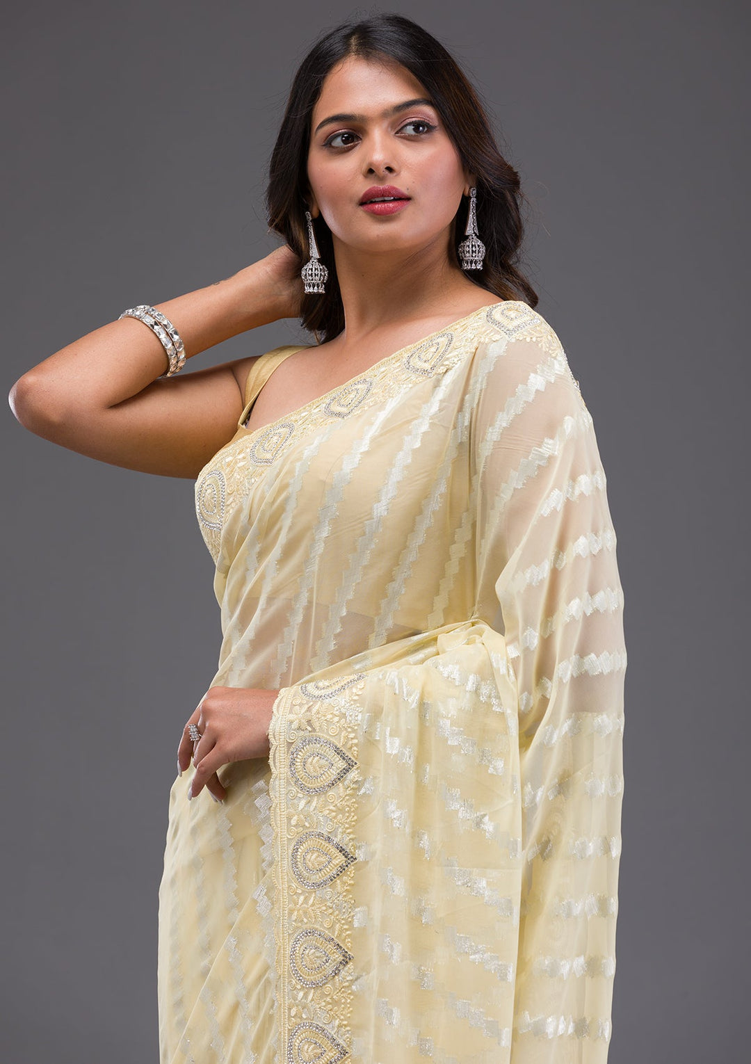 Cream Sequins Georgette Designer Saree-Koskii