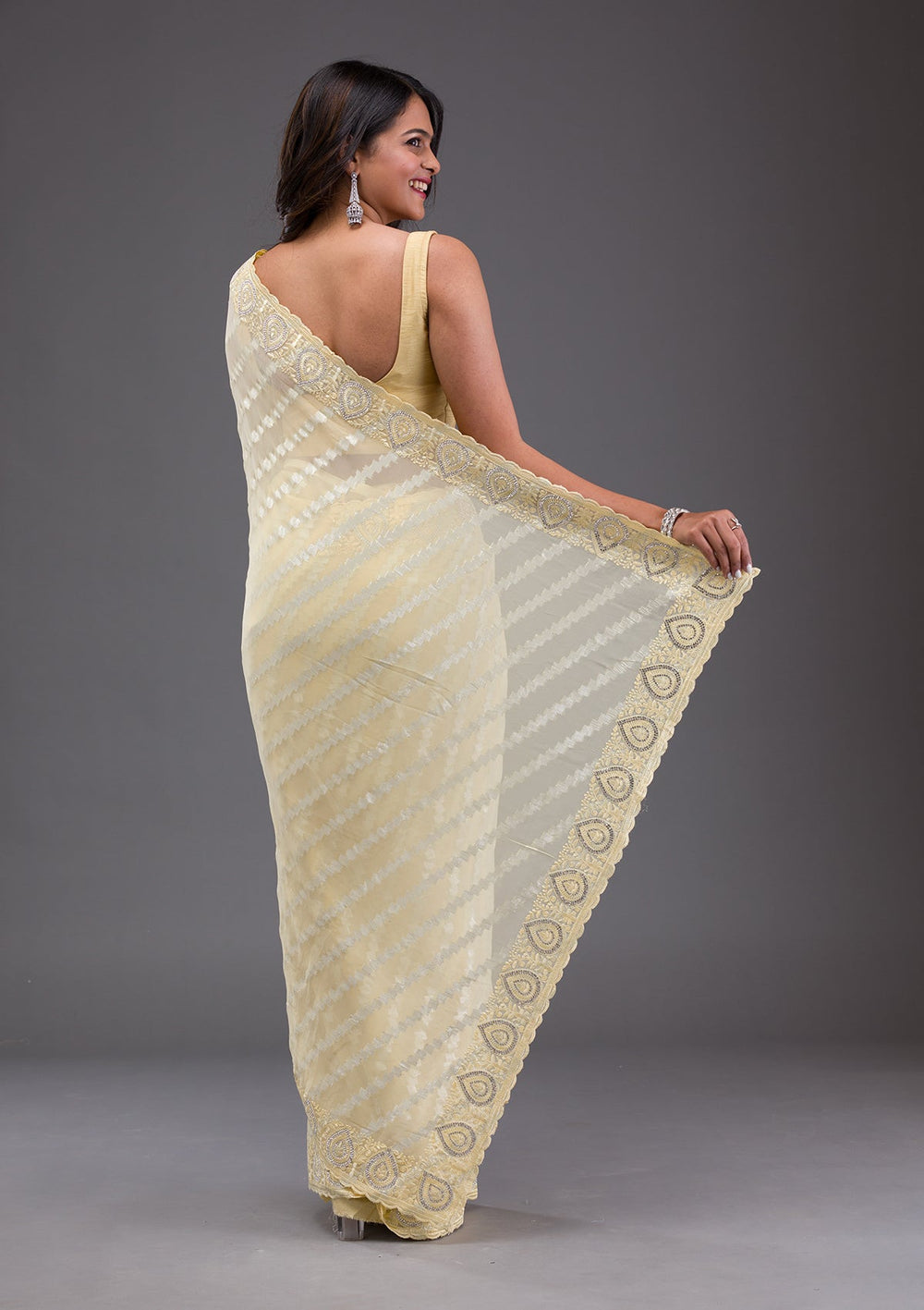 Cream Sequins Georgette Designer Saree-Koskii