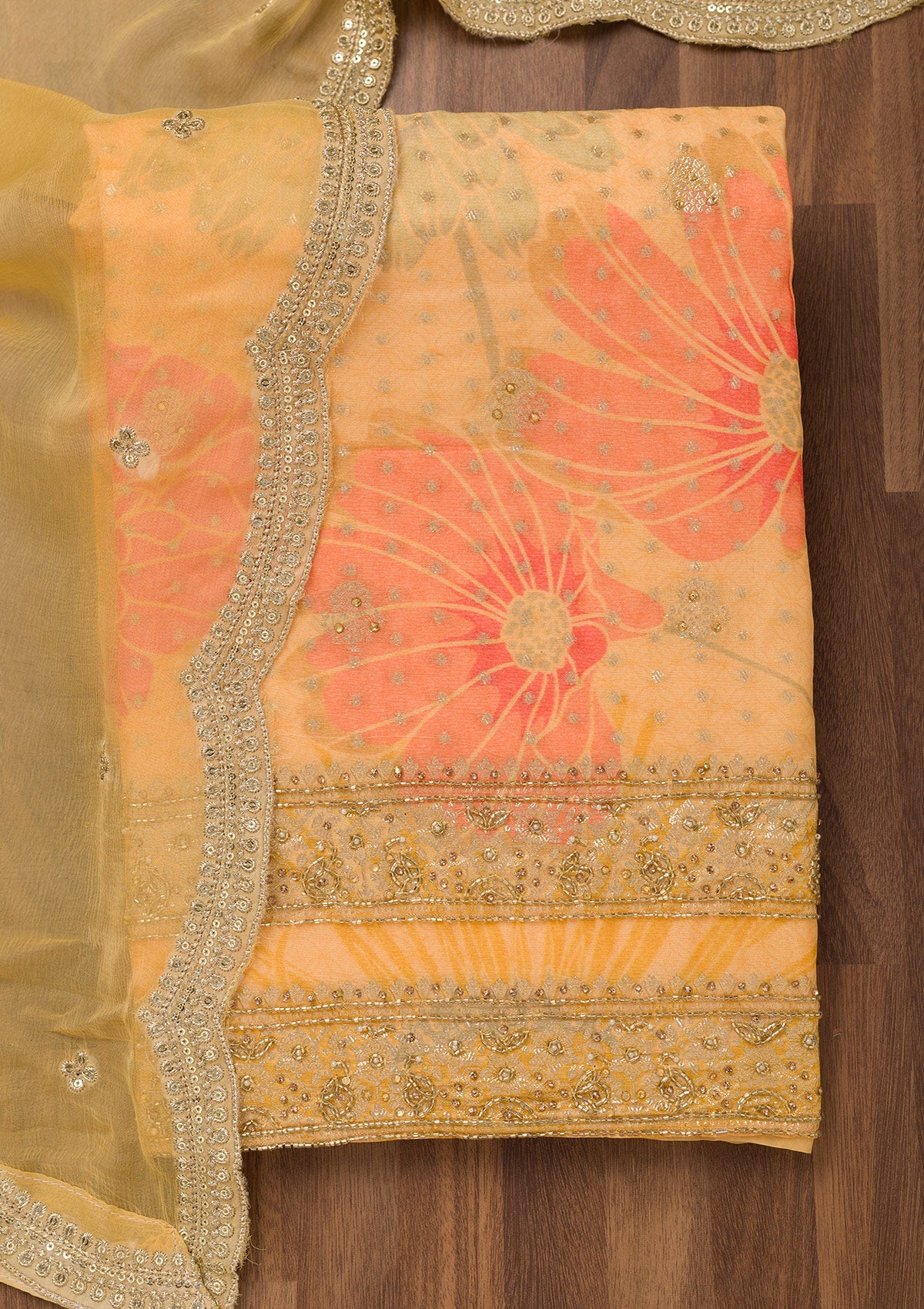 Yellow Stonework Semi Crepe Unstitched Salwar Suit-Koskii