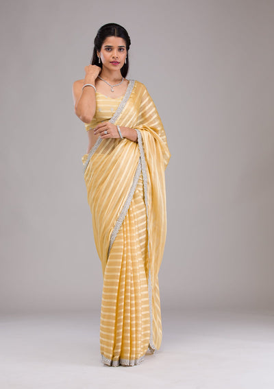 Yellow Stonework Semi Crepe Saree-Koskii