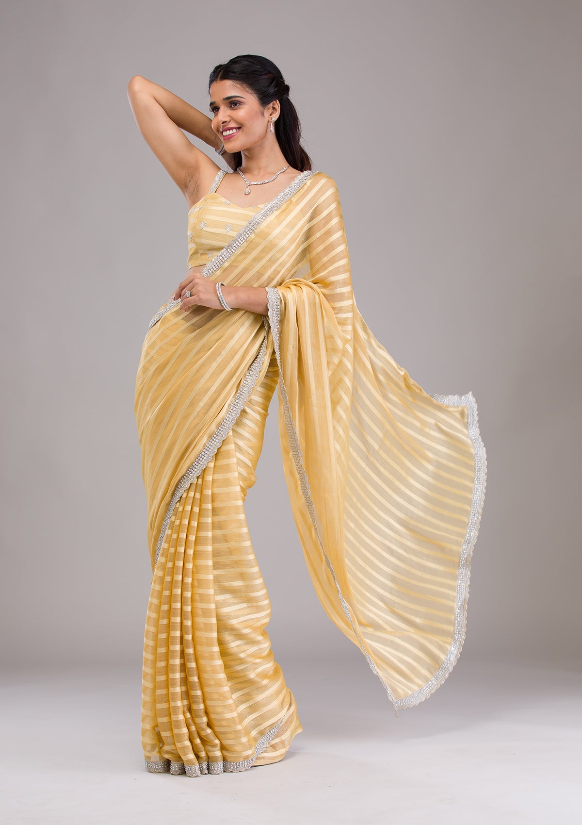 Yellow Stonework Semi Crepe Saree-Koskii