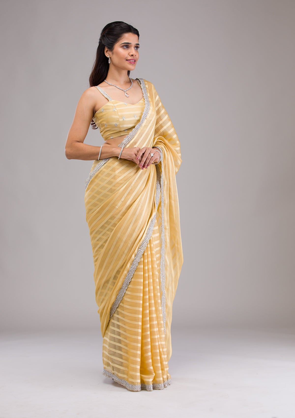 Yellow Stonework Semi Crepe Saree-Koskii