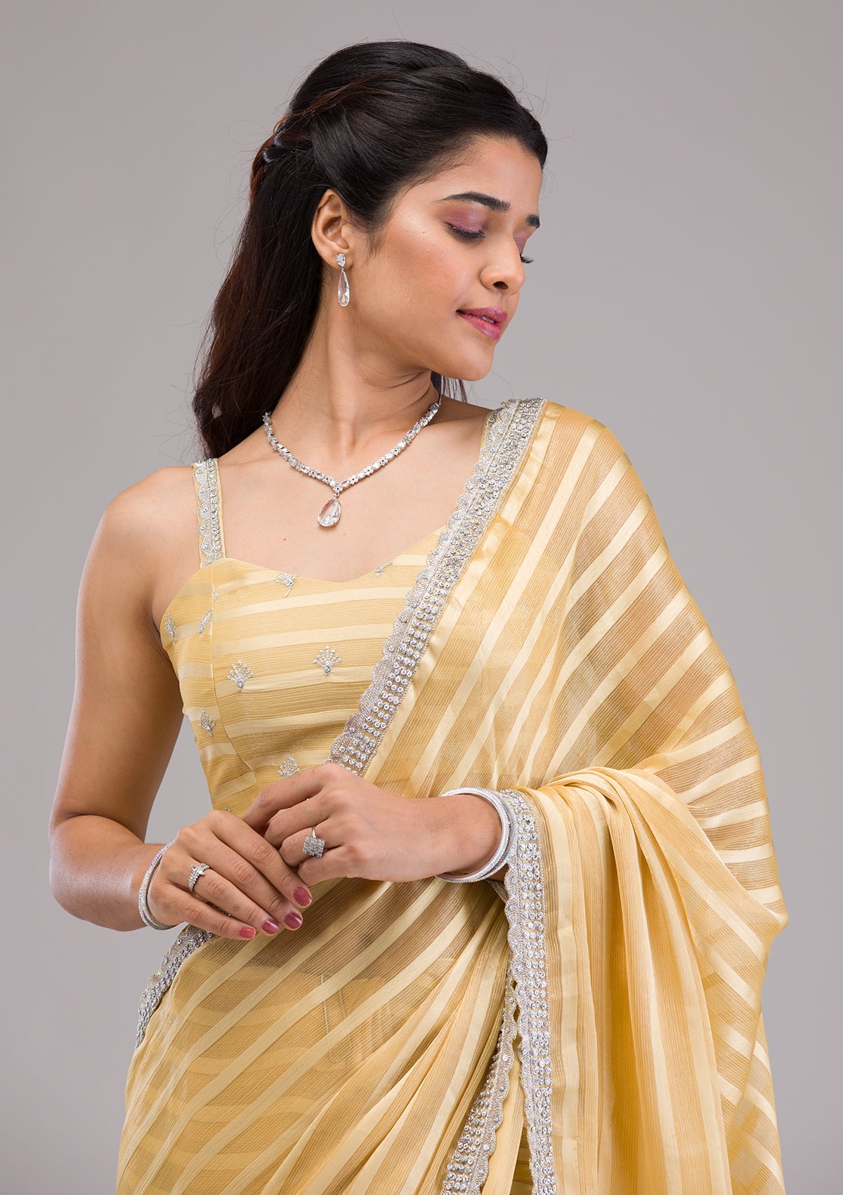 Yellow Stonework Semi Crepe Saree-Koskii