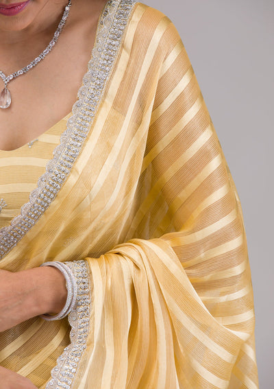 Yellow Stonework Semi Crepe Saree-Koskii