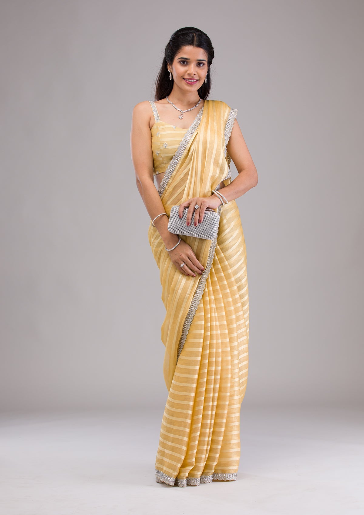 Yellow Stonework Semi Crepe Saree-Koskii