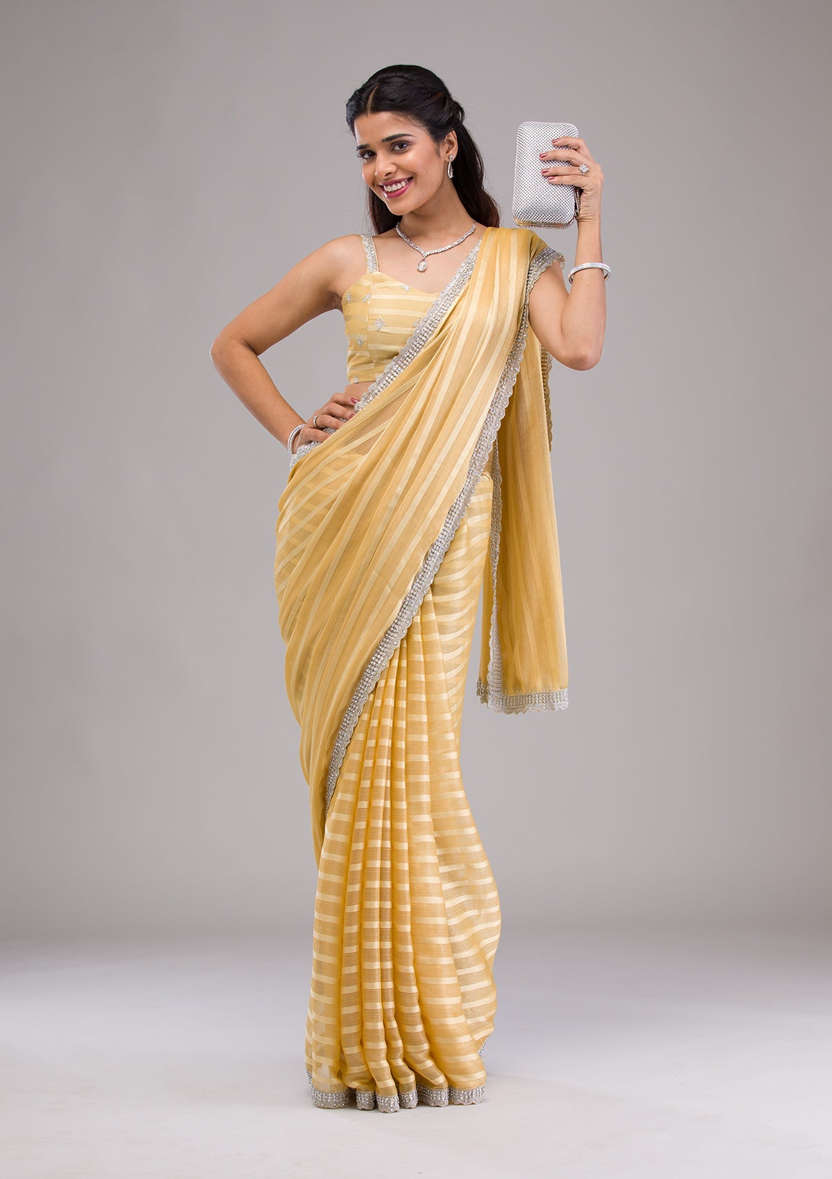 Yellow Stonework Semi Crepe Saree-Koskii