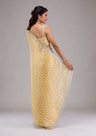 Yellow Stonework Semi Crepe Saree-Koskii