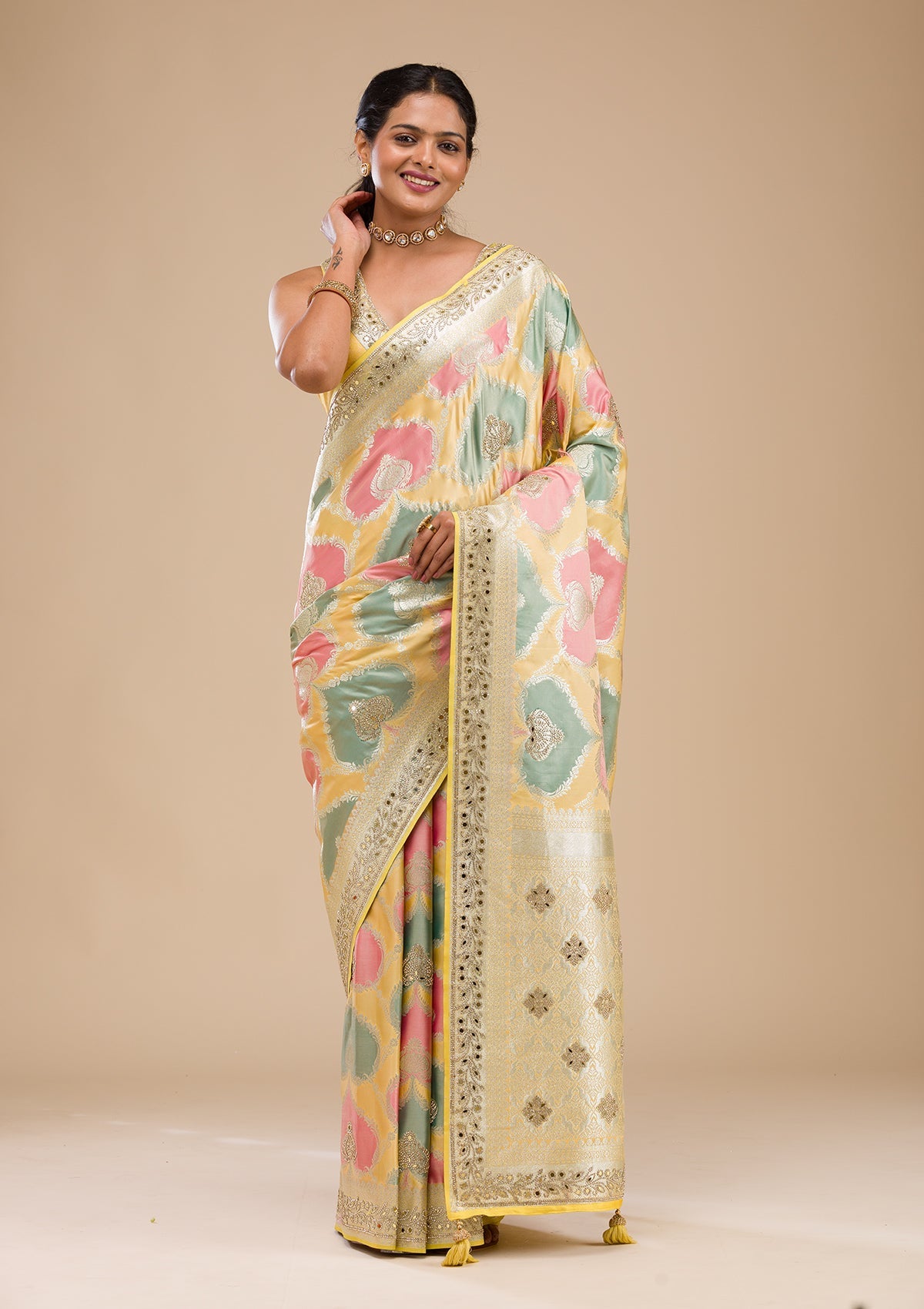 Yellow Stonework Banarasi Silk Saree