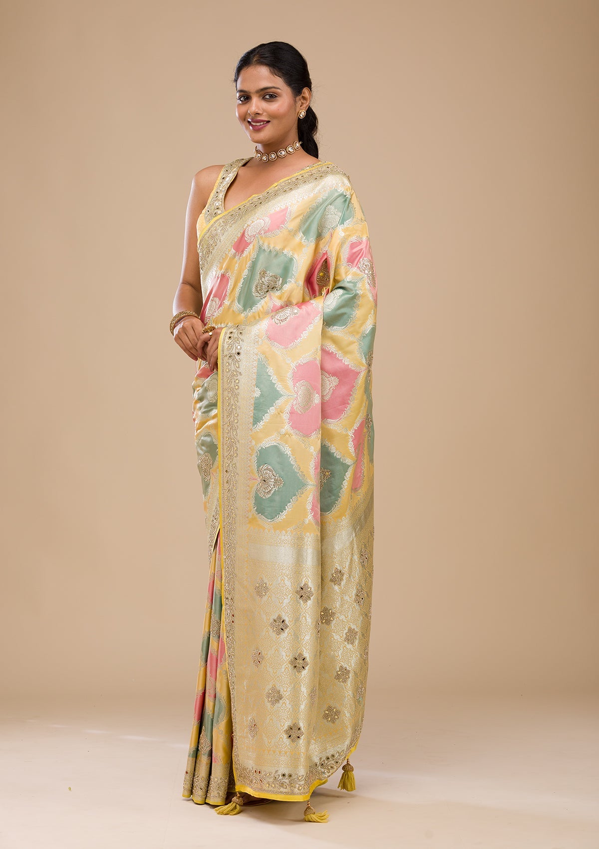 Yellow Stonework Banarasi Silk Saree