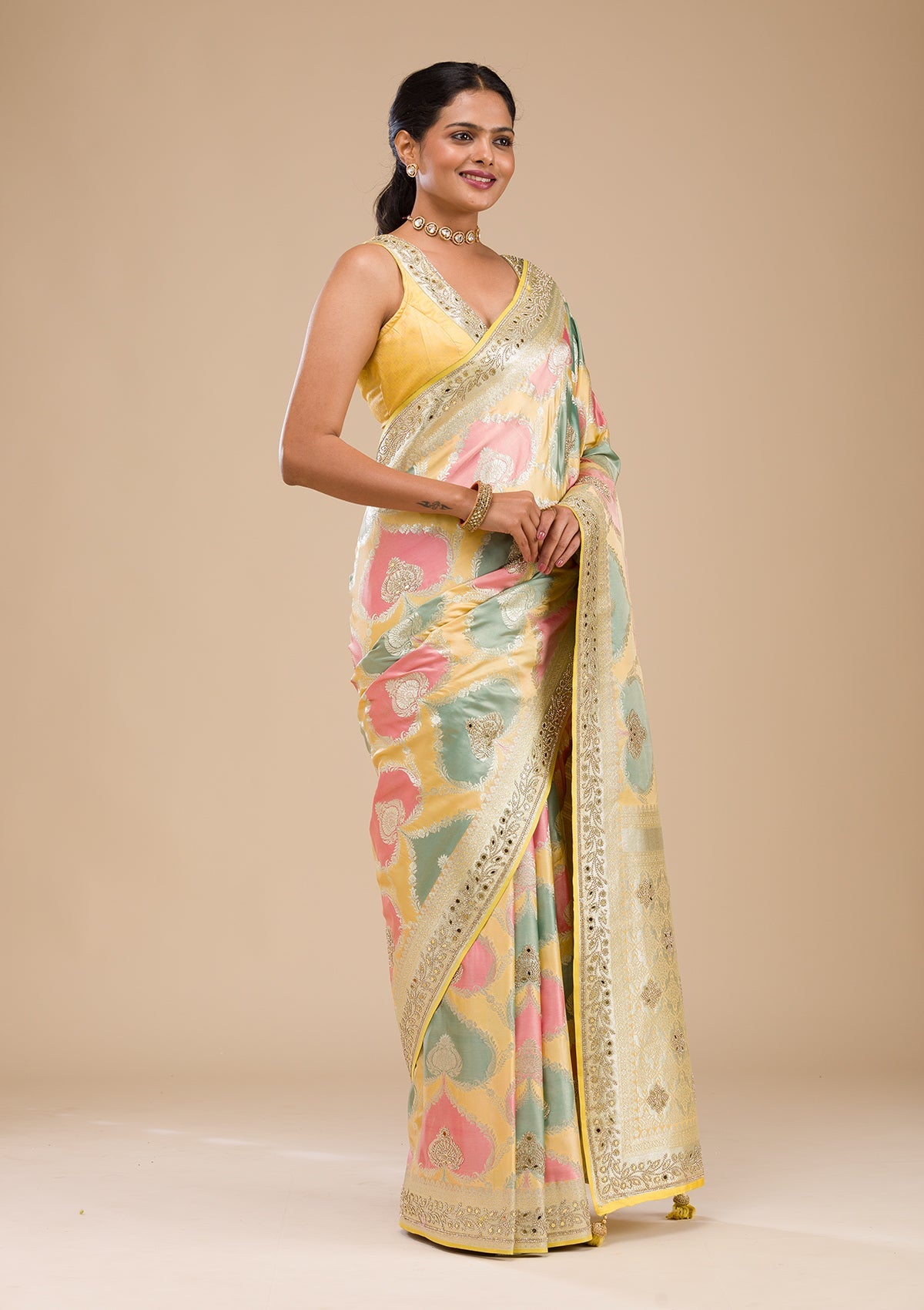 Yellow Stonework Banarasi Silk Saree