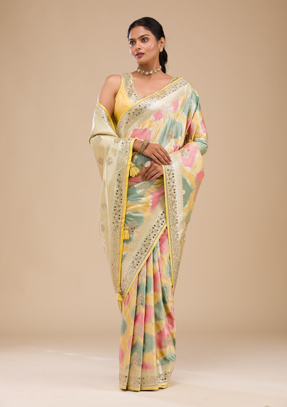 Yellow Stonework Banarasi Silk Saree