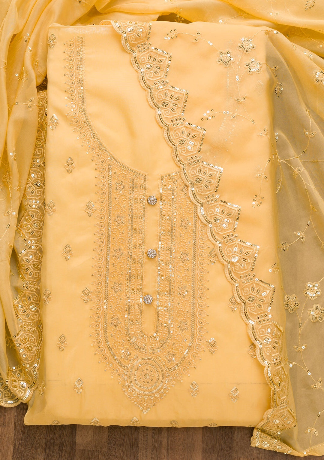 Yellow Stonework Tissue Unstitched Salwar Suit-Koskii