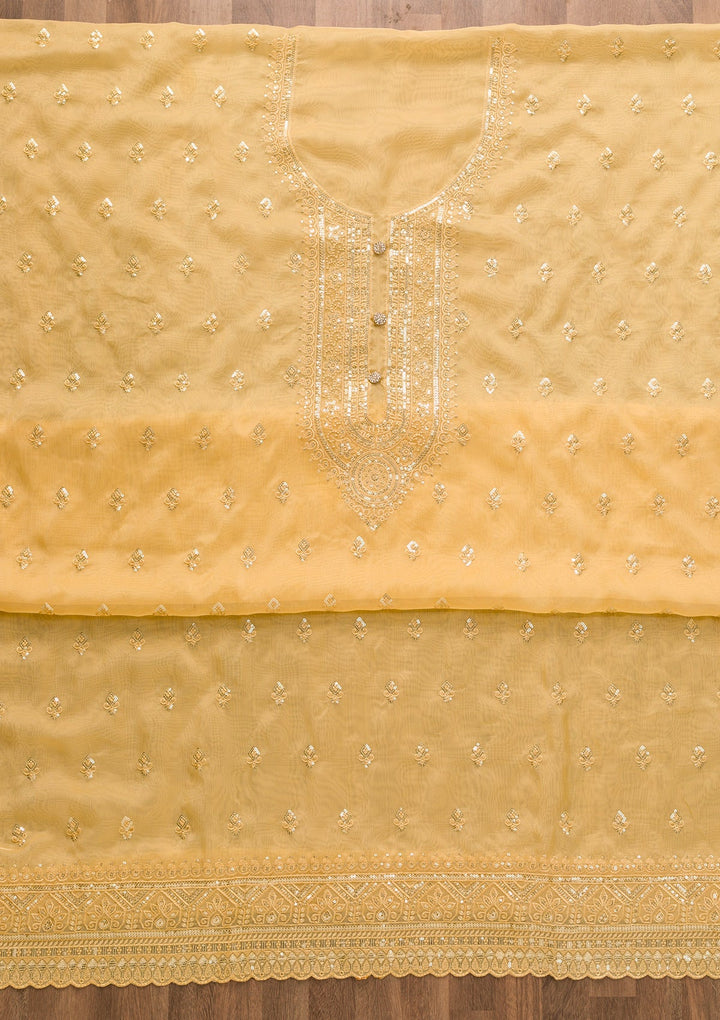 Yellow Stonework Tissue Unstitched Salwar Suit-Koskii