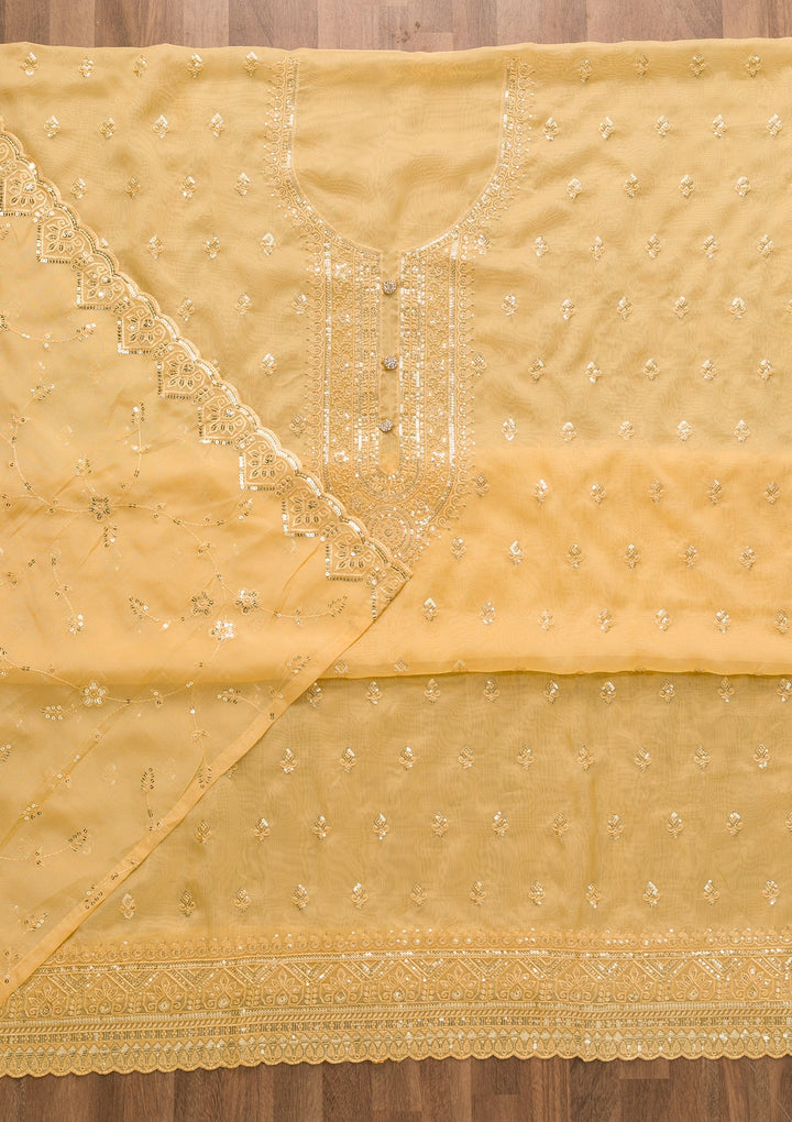 Yellow Stonework Tissue Unstitched Salwar Suit-Koskii