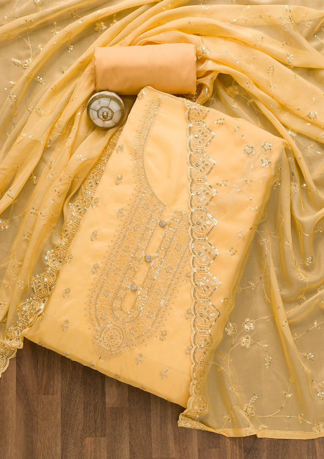 Yellow Stonework Tissue Unstitched Salwar Suit-Koskii