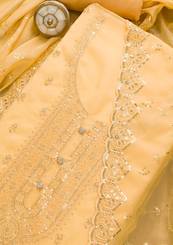 Yellow Stonework Tissue Unstitched Salwar Suit-Koskii