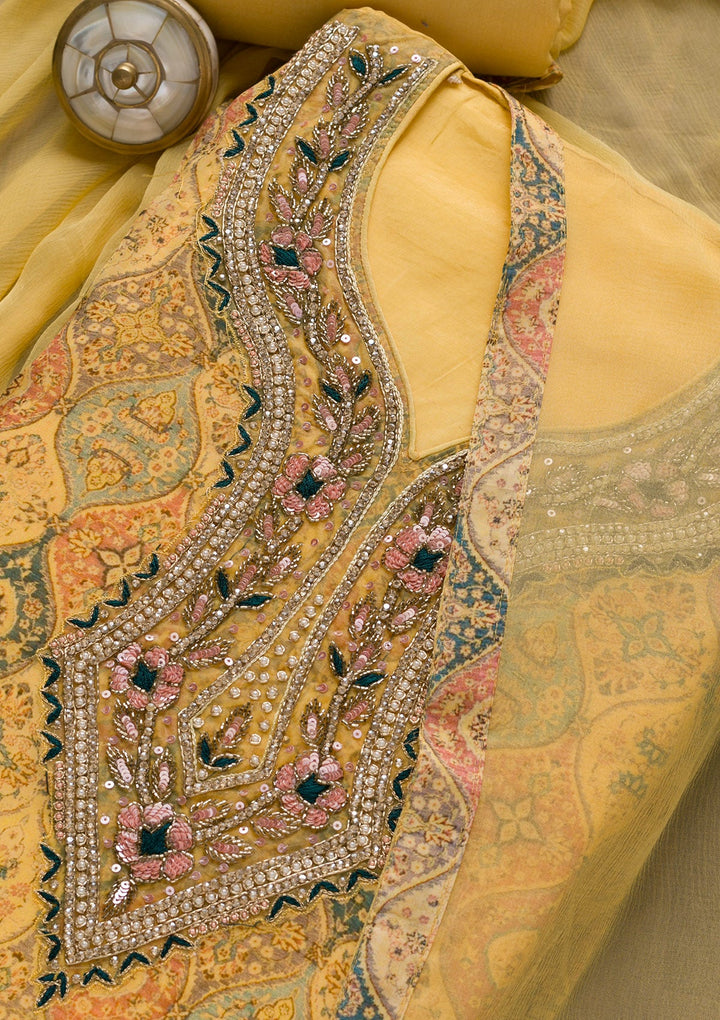 Yellow Stonework Tissue Unstitched Salwar Suit-Koskii