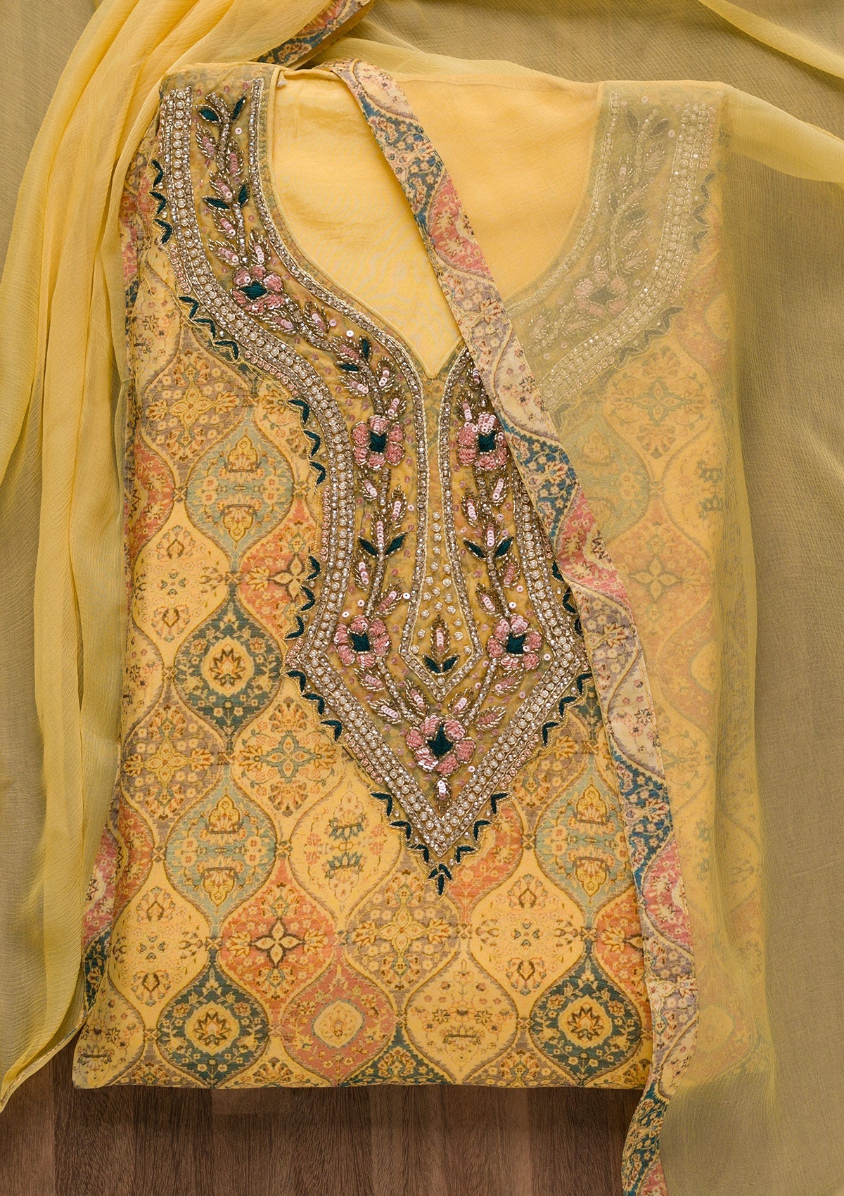 Yellow Stonework Tissue Unstitched Salwar Suit-Koskii