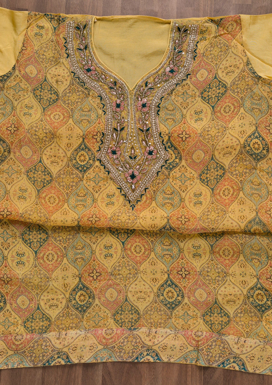 Yellow Stonework Tissue Unstitched Salwar Suit-Koskii