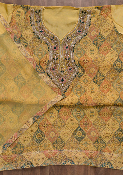 Yellow Stonework Tissue Unstitched Salwar Suit-Koskii