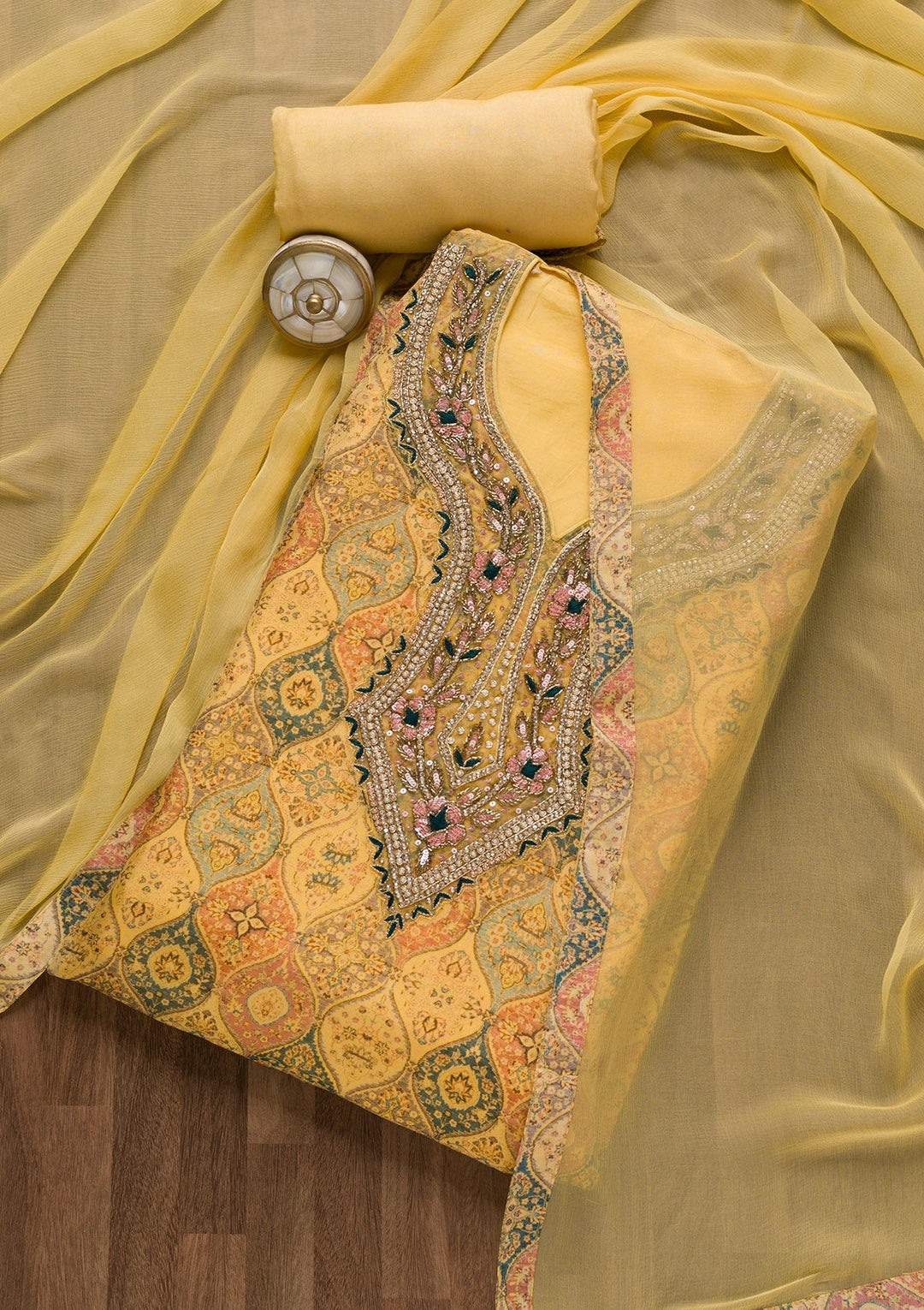 Yellow Stonework Tissue Unstitched Salwar Suit-Koskii
