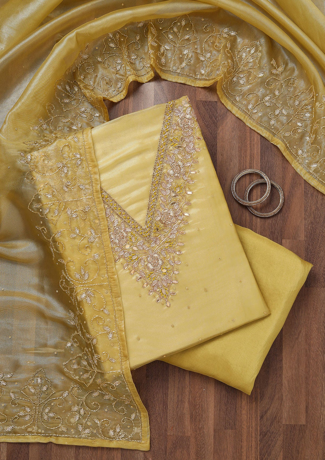 Yellow Stonework Tissue Unstitched Salwar Suit-Koskii