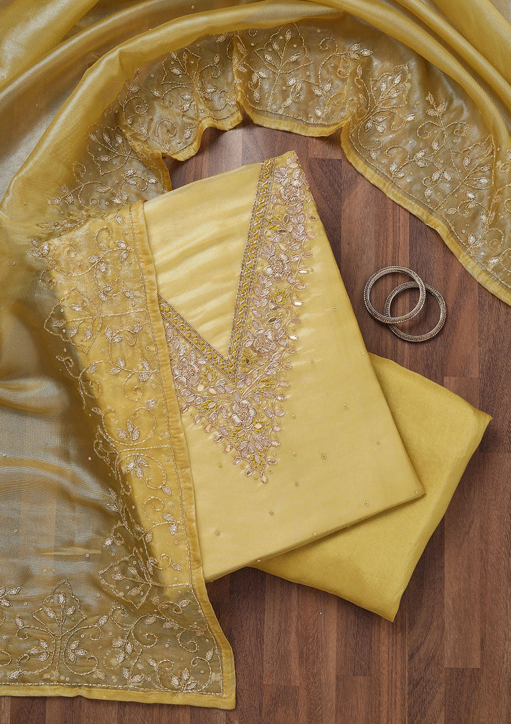 Yellow Stonework Tissue Unstitched Salwar Suit-Koskii