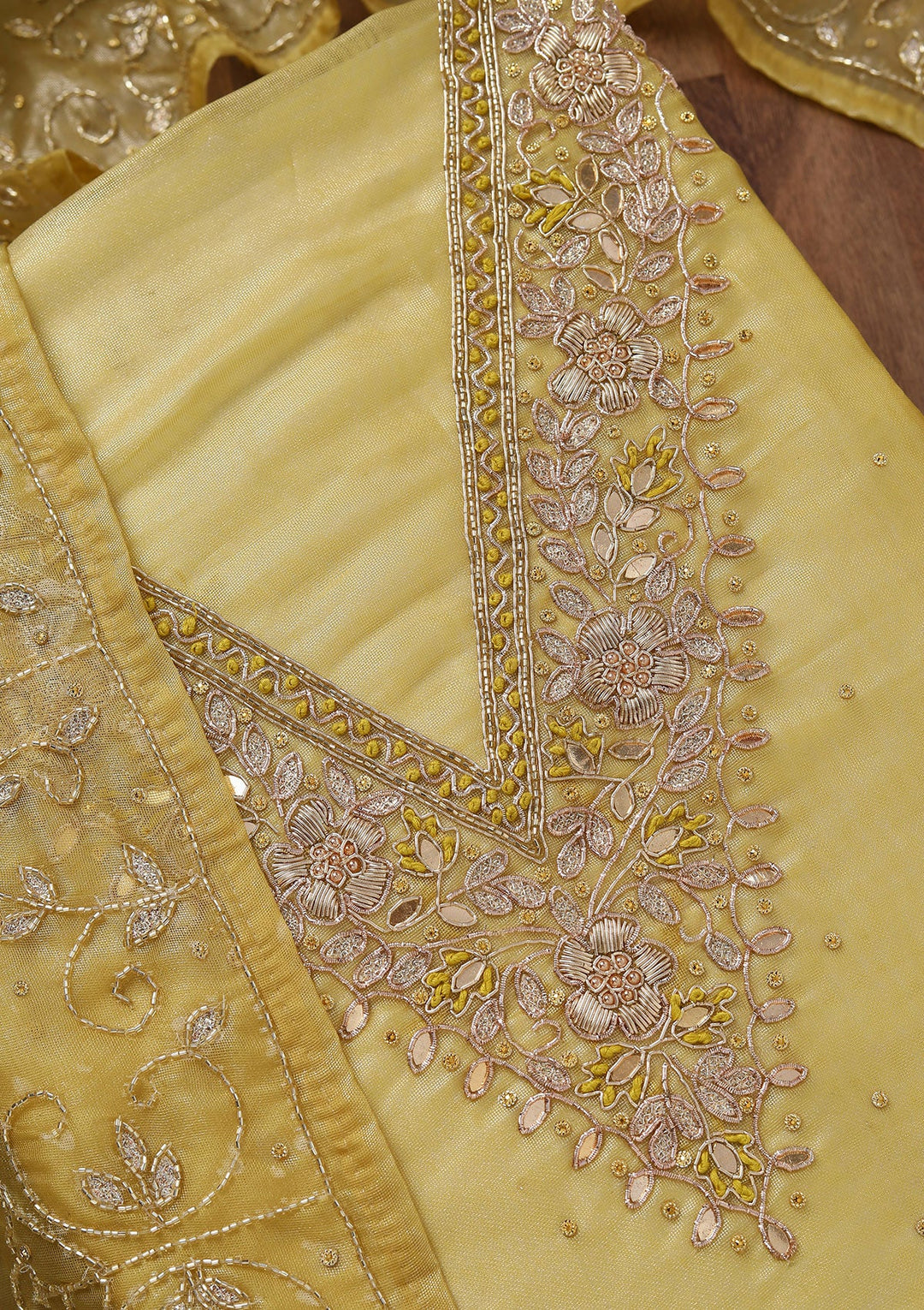 Yellow Stonework Tissue Unstitched Salwar Suit-Koskii