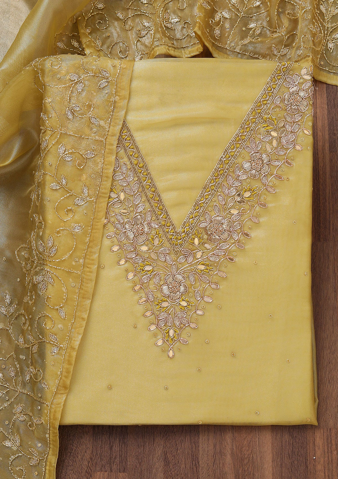 Yellow Stonework Tissue Unstitched Salwar Suit-Koskii