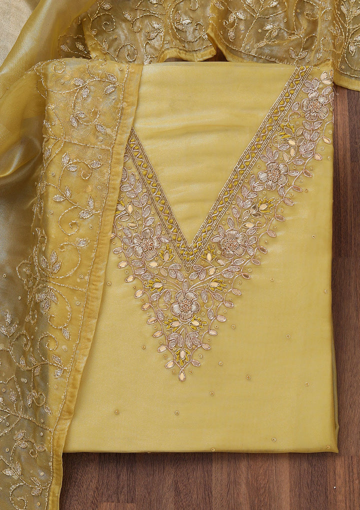 Yellow Stonework Tissue Unstitched Salwar Suit-Koskii
