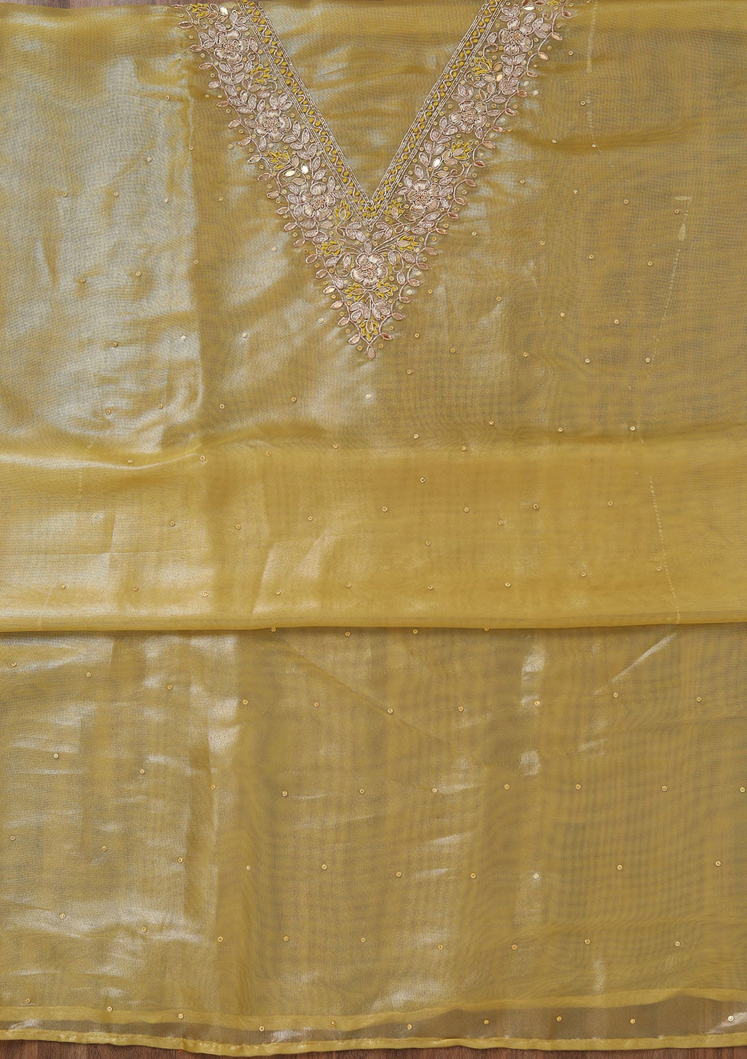 Yellow Stonework Tissue Unstitched Salwar Suit-Koskii