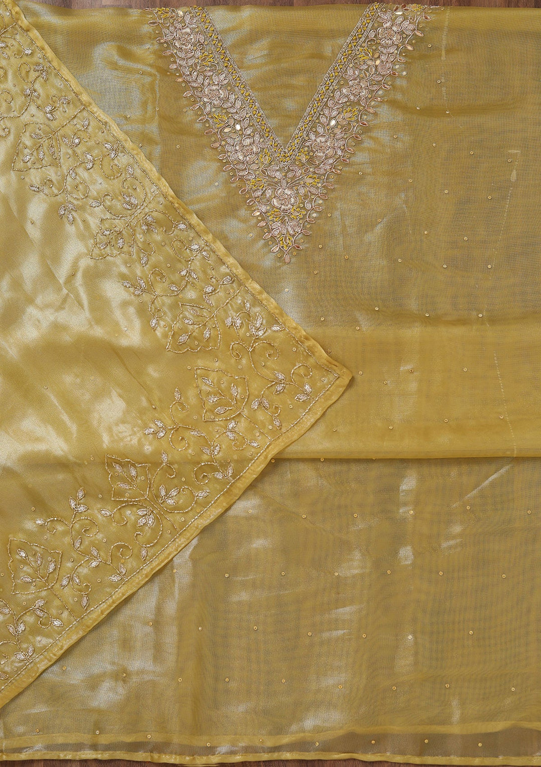 Yellow Stonework Tissue Unstitched Salwar Suit-Koskii