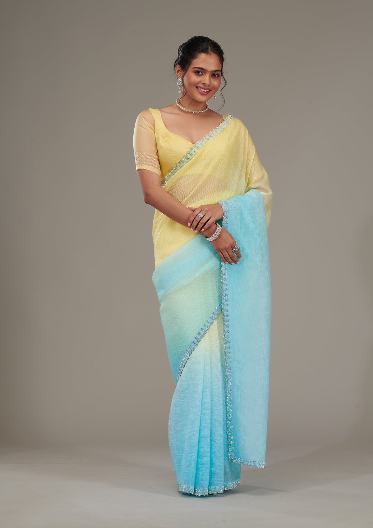 Yellow Stonework Tissue Saree-Koskii