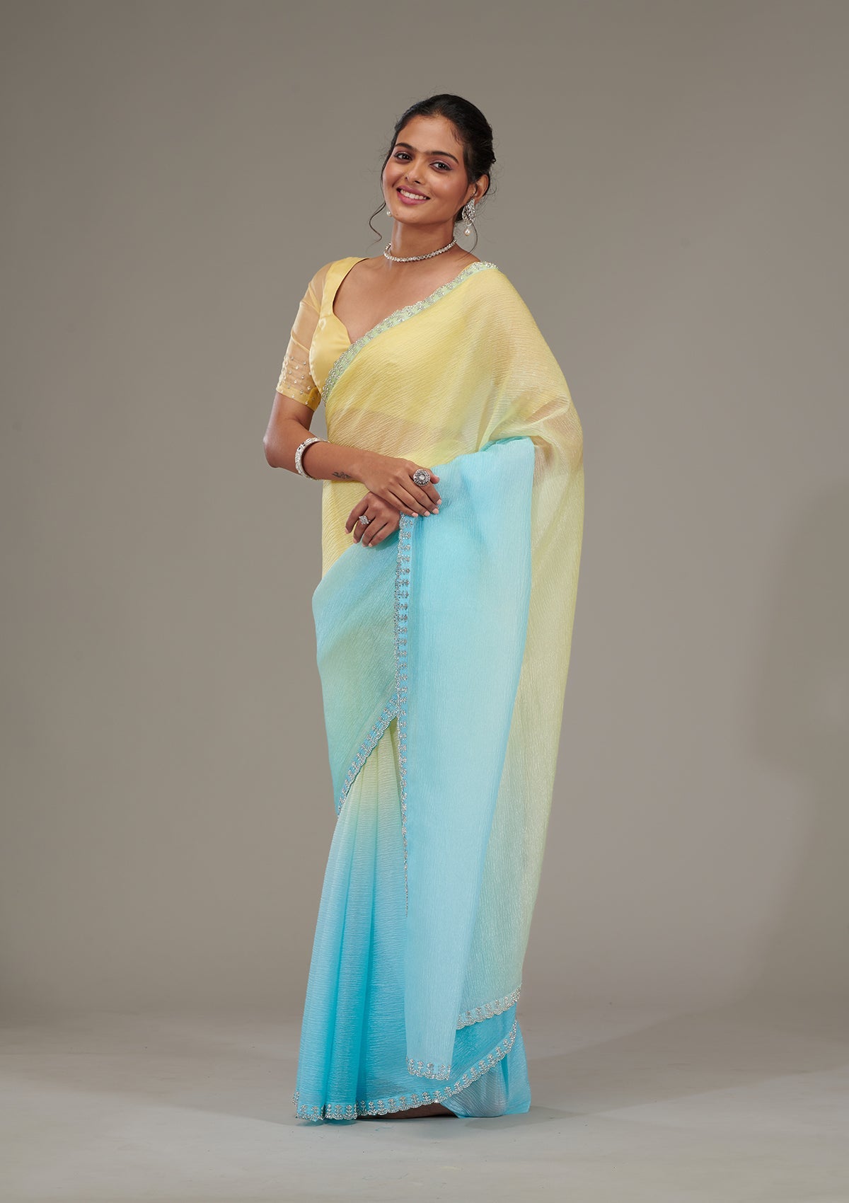 Yellow Stonework Tissue Saree-Koskii