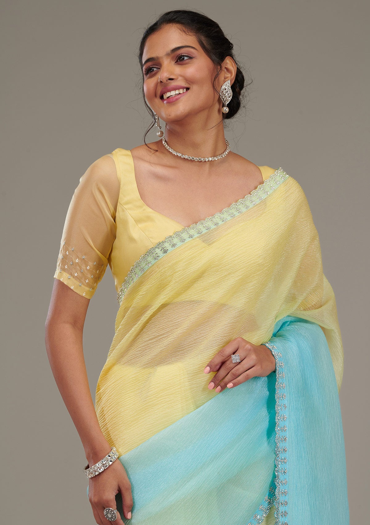 Yellow Stonework Tissue Saree-Koskii