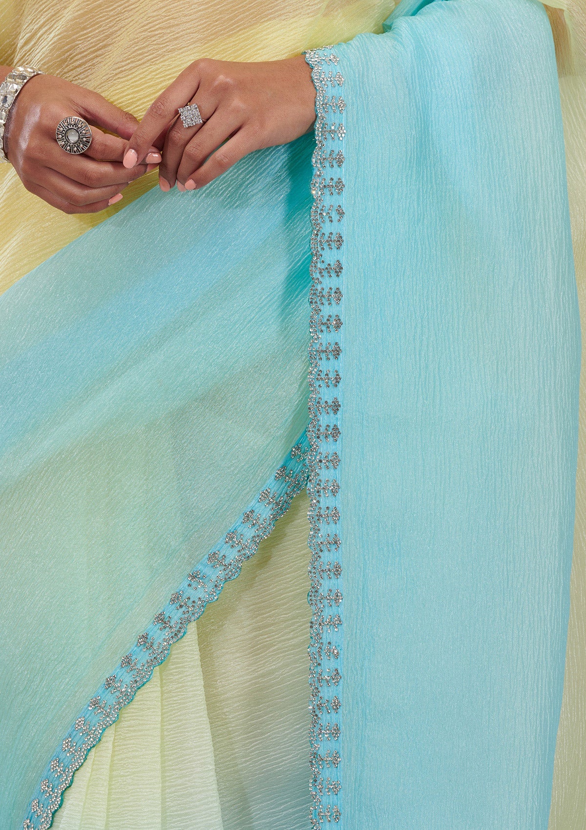 Yellow Stonework Tissue Saree-Koskii