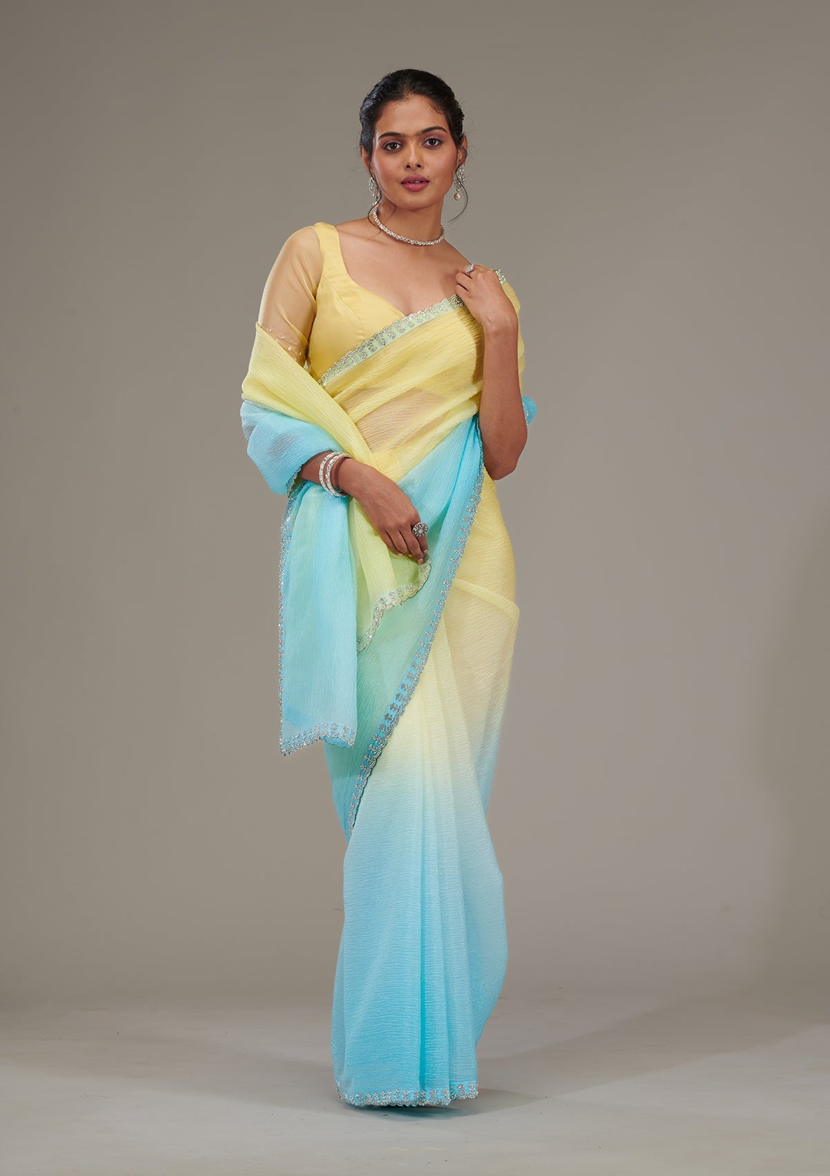 Yellow Stonework Tissue Saree-Koskii