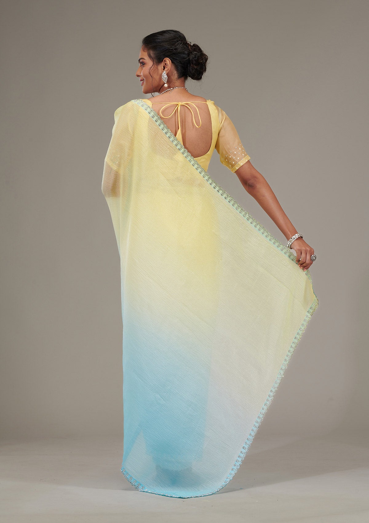 Yellow Stonework Tissue Saree-Koskii