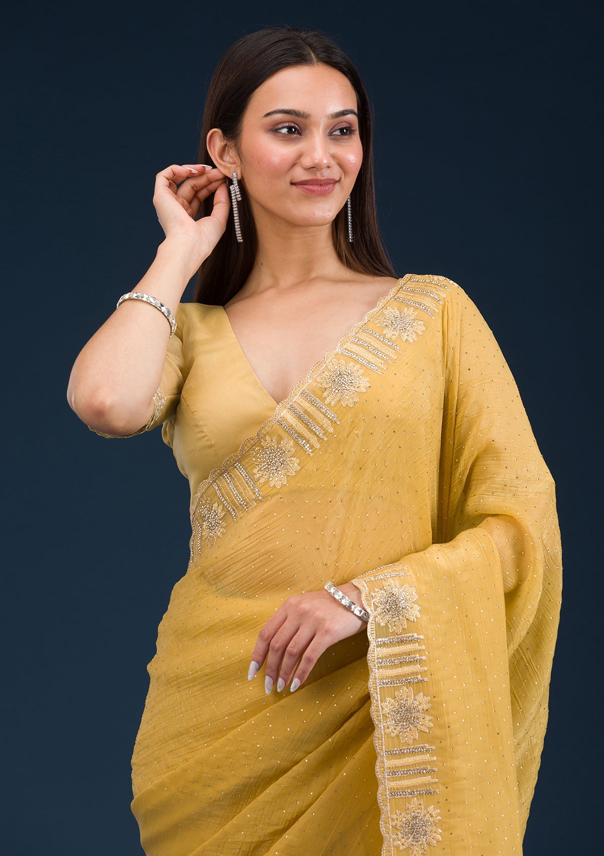 Yellow Stonework Tissue Saree