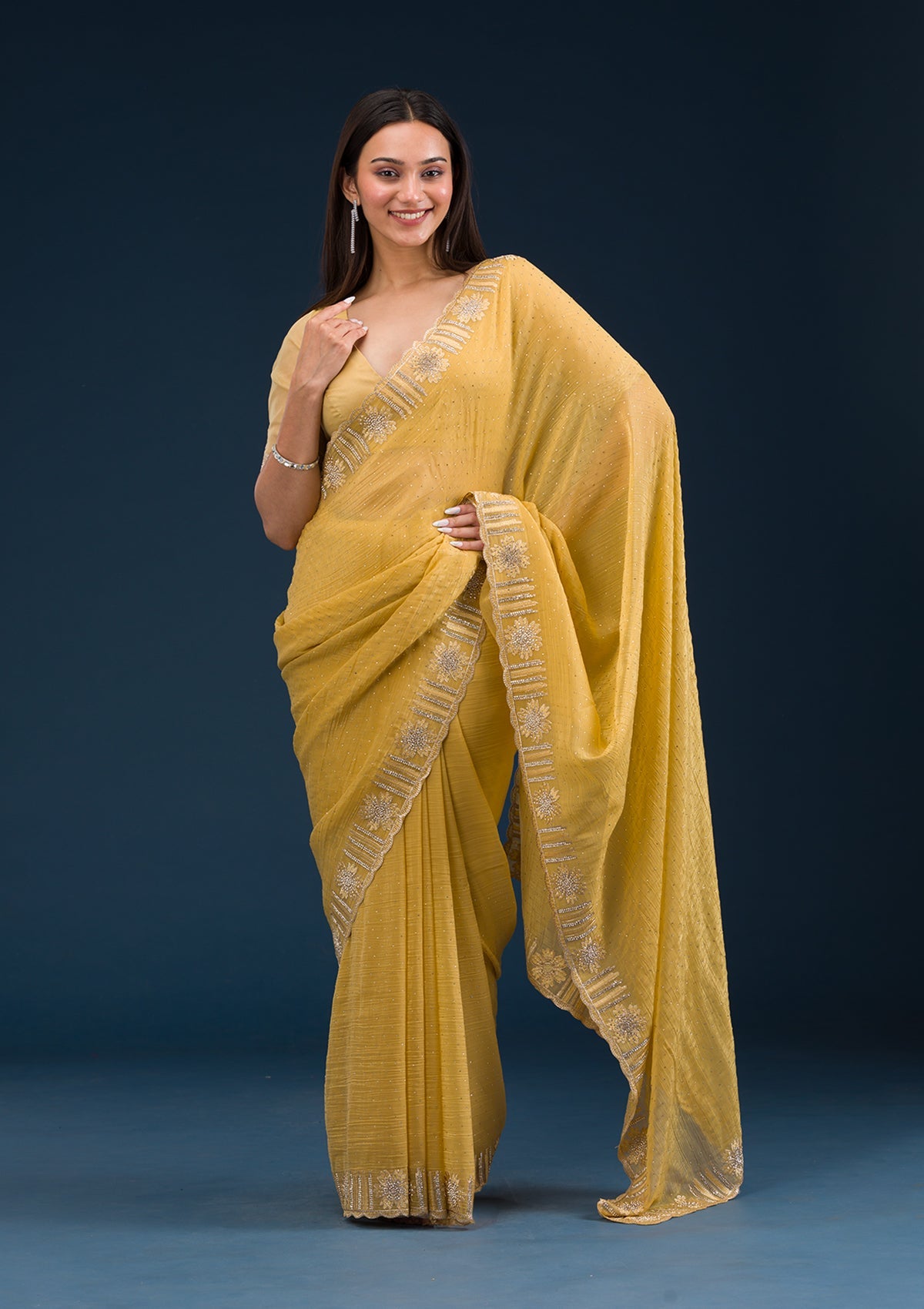 Yellow Stonework Tissue Saree-Koskii