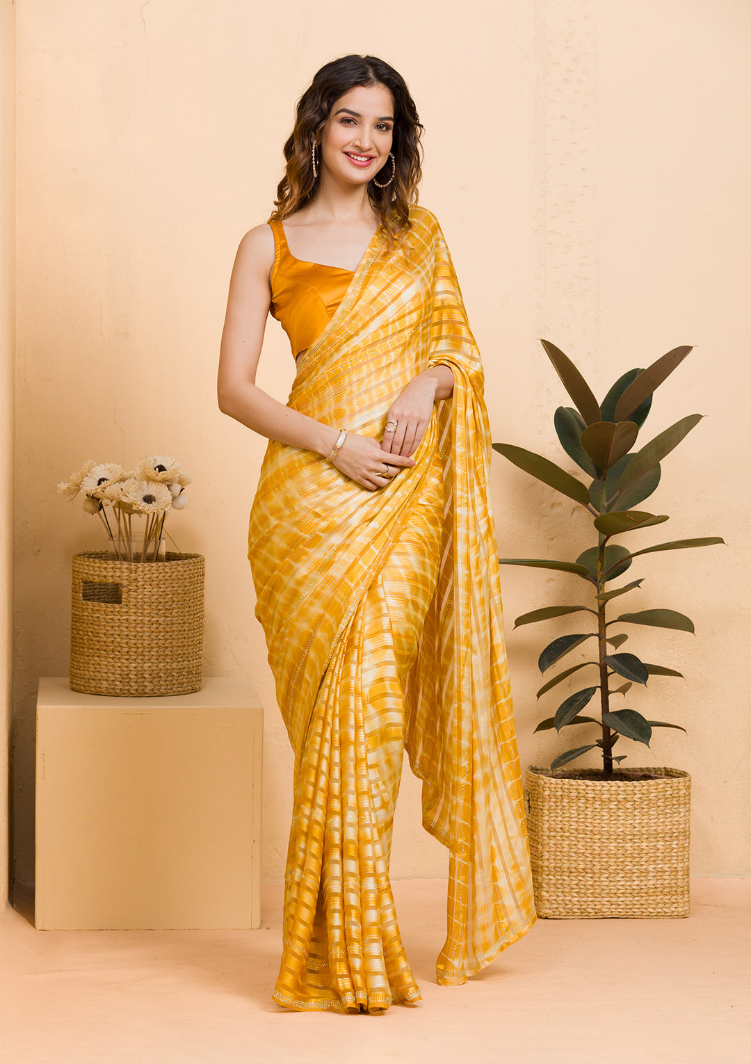 Yellow Swarovski Georgette Saree-Koskii