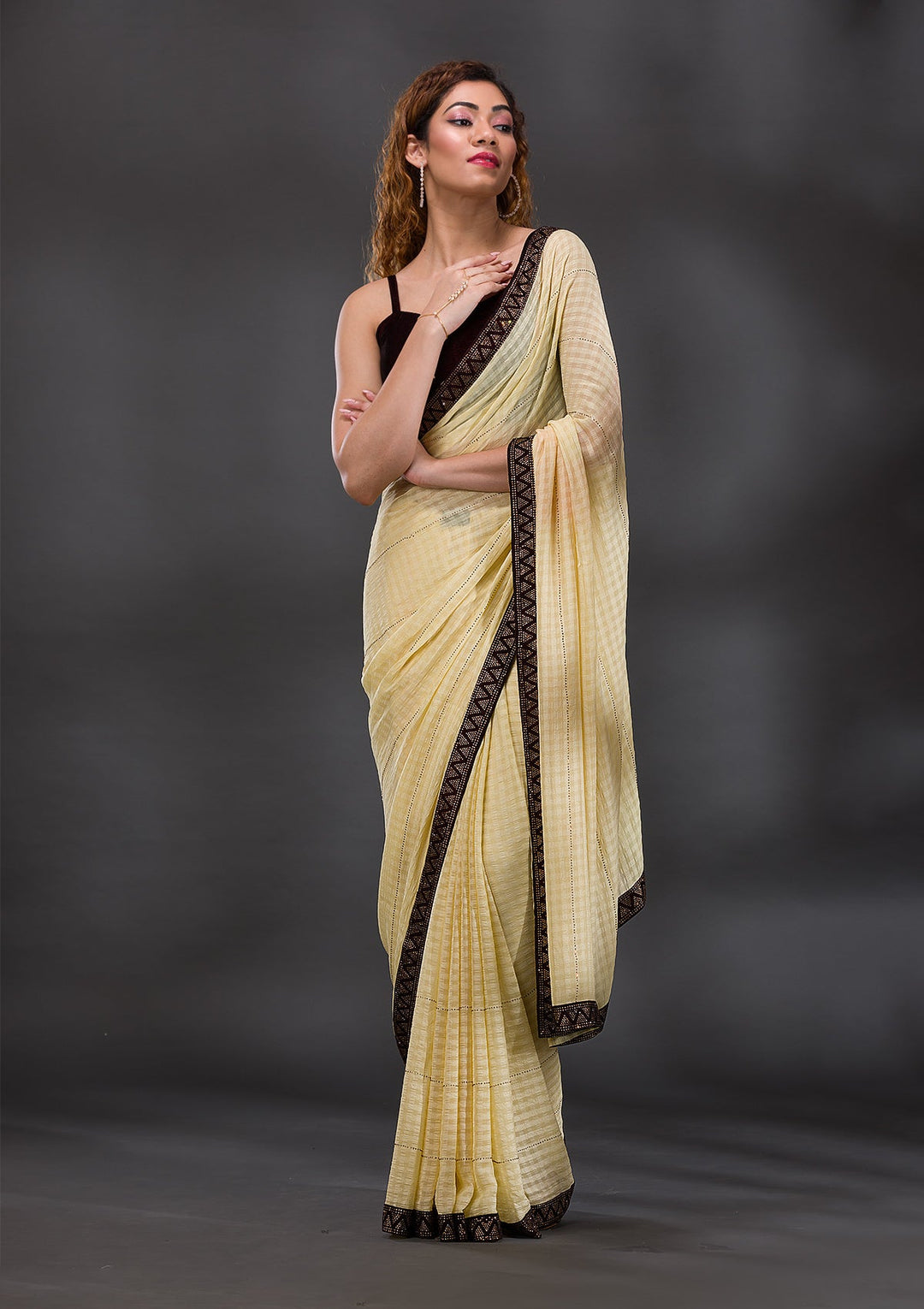Yellow Swarovski Georgette Saree-Koskii