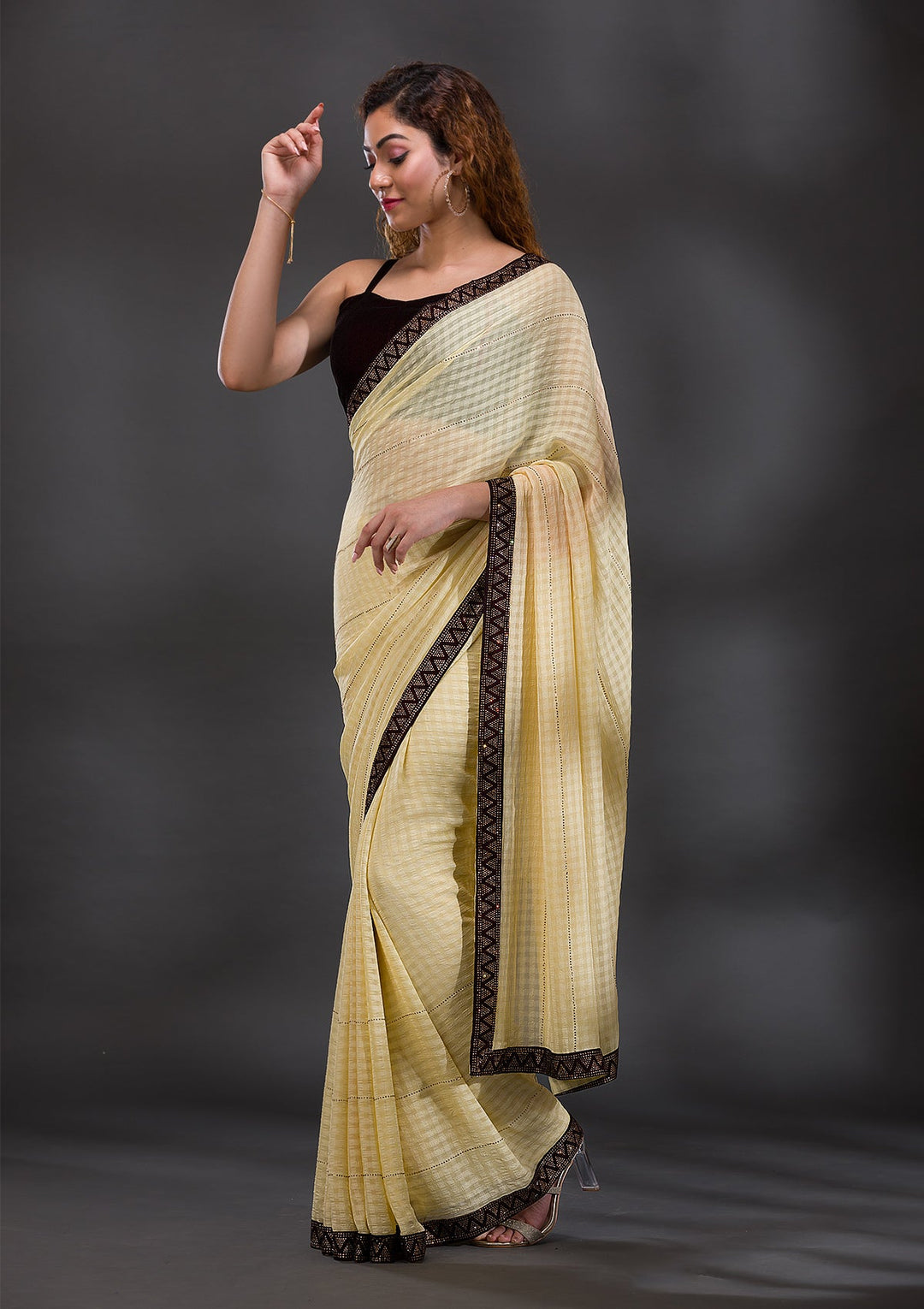 Yellow Swarovski Georgette Saree-Koskii